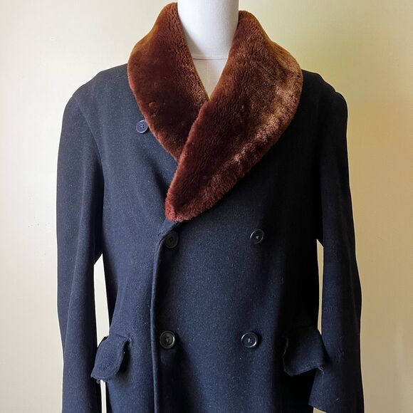 Vintage 1940s Simpson Piccadilly Wool Coat Double Breasted Faux Fur Shawl Collar - Picture 2 of 14